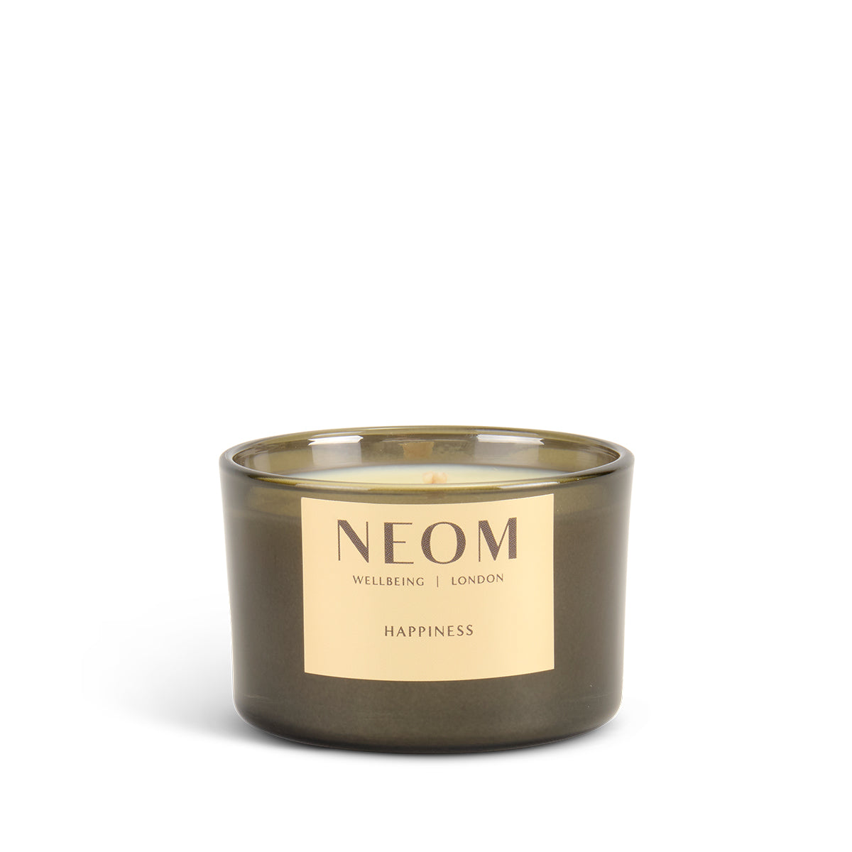 NEOM happiness scented candle with a gold label on a white background