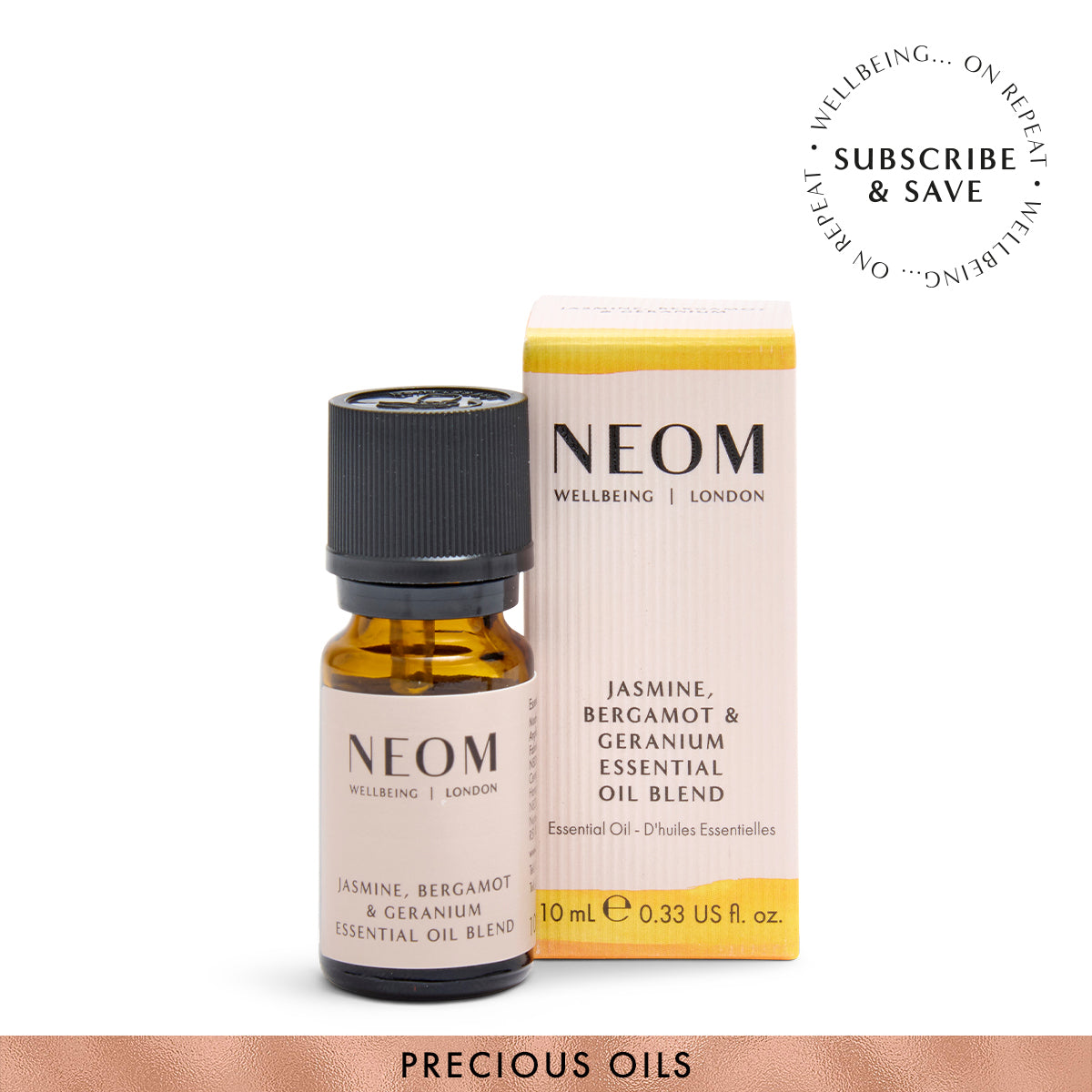 NEOM Jasmine Bergamot & Geranium  essential oil blend on a white background with subscription roundel
