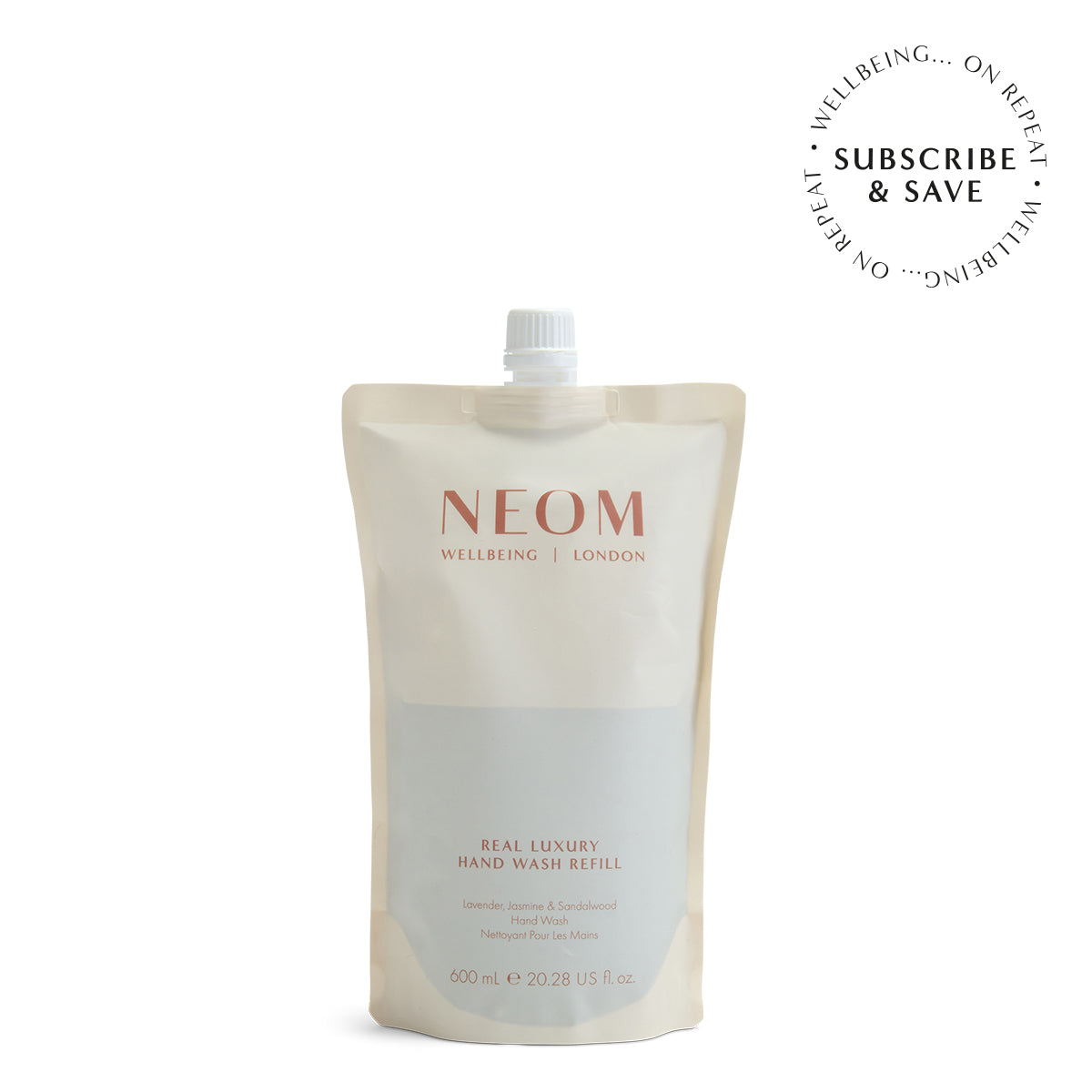 NEOM Real Luxury Hand Wash on a white background with subscription roundel