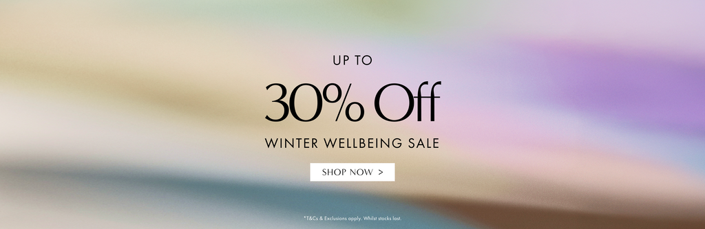 Promotional banner for a winter wellbeing sale with a colorful gradient background.