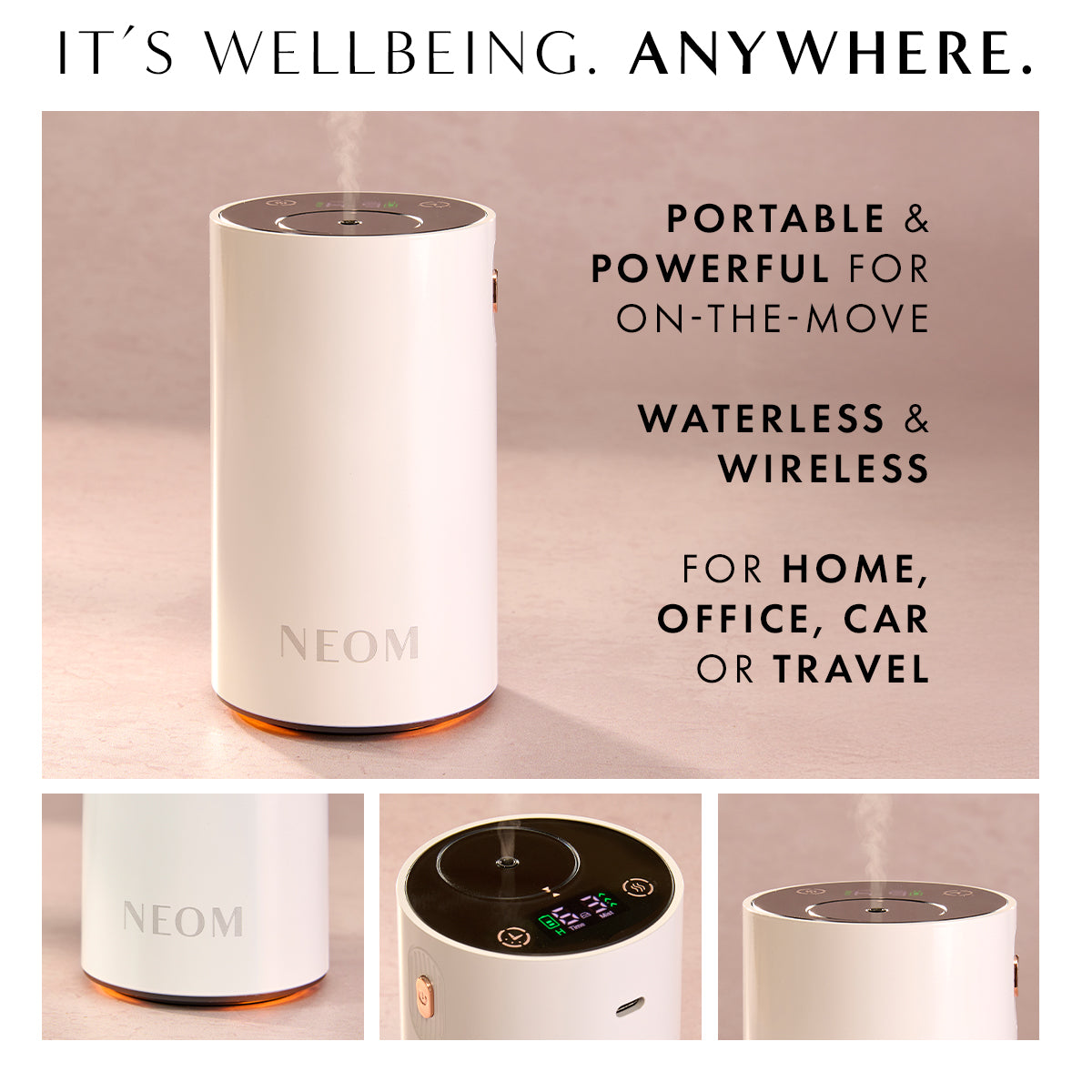 Neom portable diffuser with text highlighting features on a beige background
