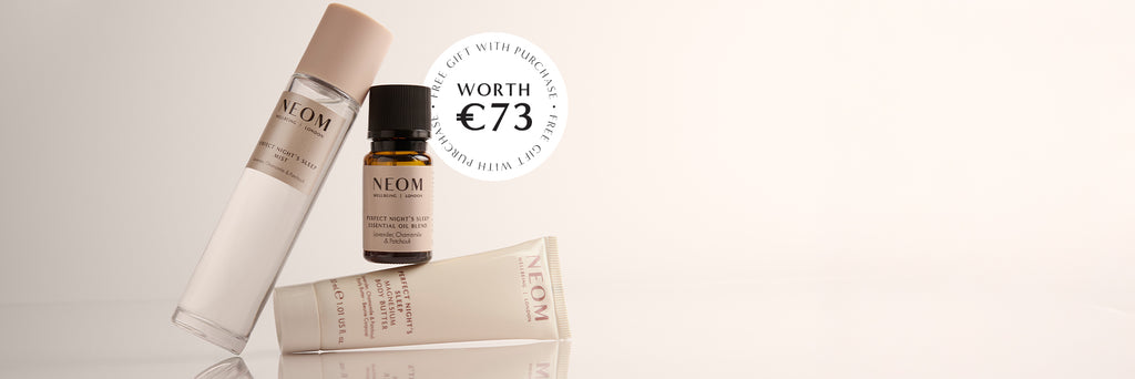 NEOM free gift with purchase worth €73 featuring Perfect Night’s Sleep mist, essential oil blend, and magnesium body butter.