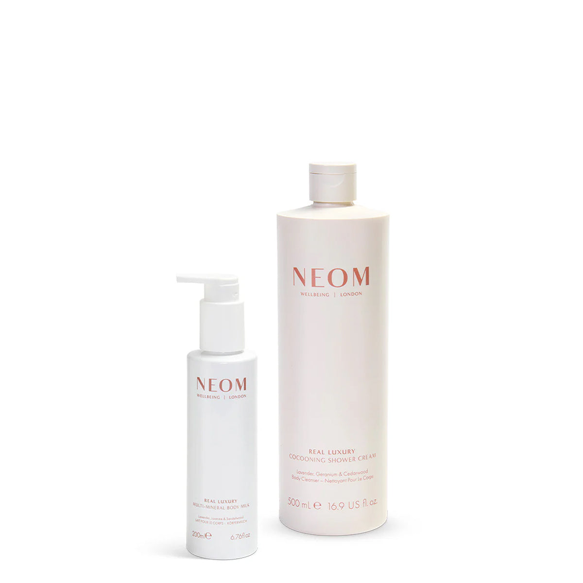 Two NEOM bath and skincare bottles on a white background