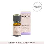 NEOM Bedtime Hero Essential Oil Blend with a 'subscribe and save' roundel and 'free gift with subscription banner