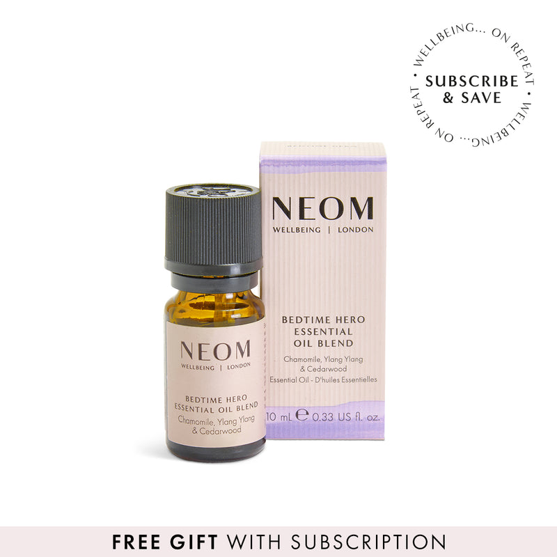 NEOM Bedtime Hero Essential Oil Blend with a 'subscribe and save' roundel and 'free gift with subscription banner