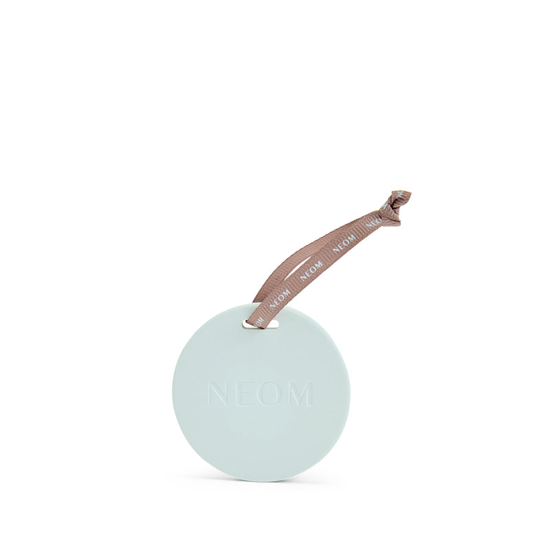 Round light blue soap with a pink ribbon on a white background