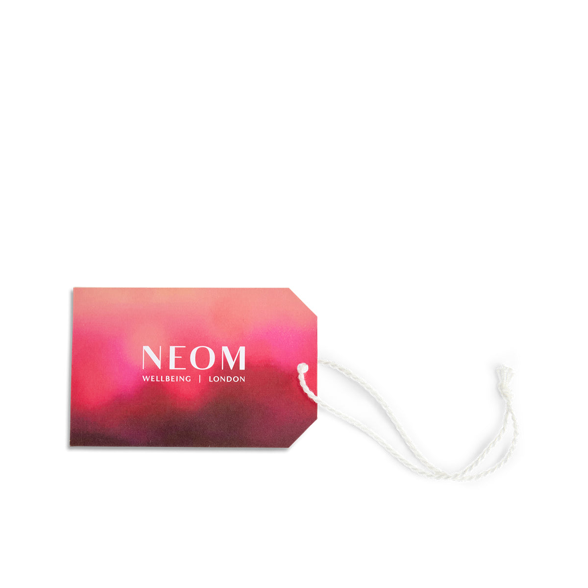 NEOM gift tag with a pink and purple gradient on a white background