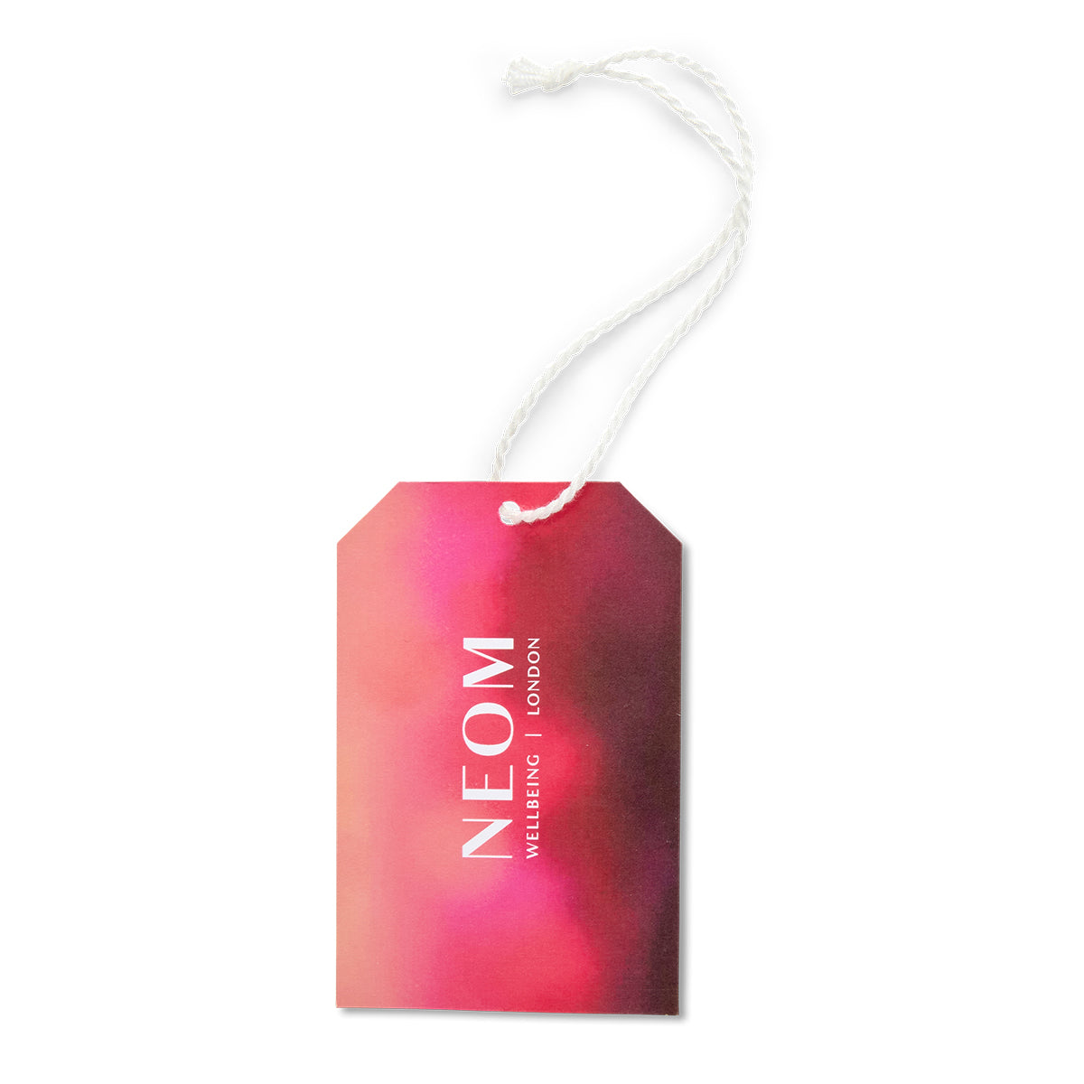 NEOM London product tag with a pink and purple gradient on a white background