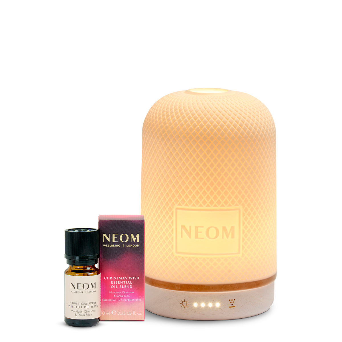 NEOM diffuser and essential oil blend on a white background