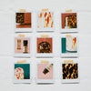 Set of nine small product images displayed on a white surface with adhesive strips.