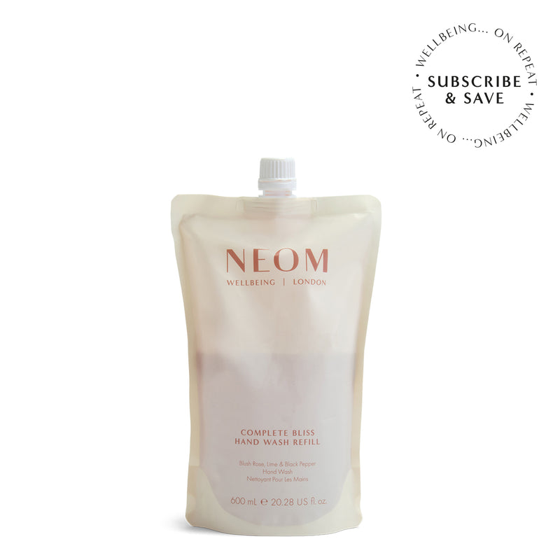 NEOM Complete Bliss Hand Wash on a white background with subscription roundel