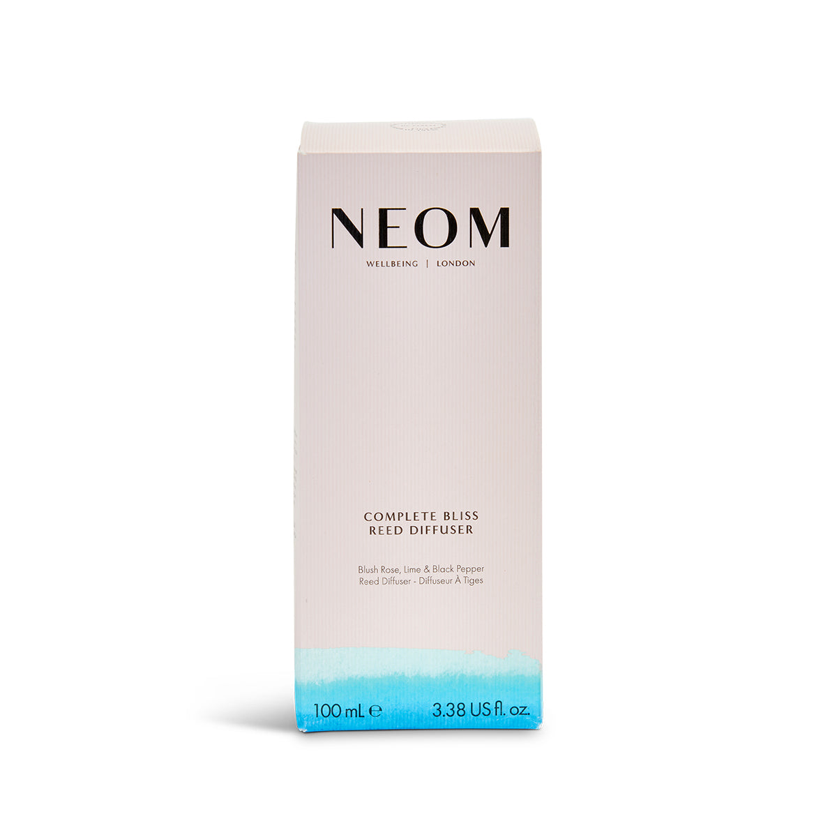 NEOM Complete Bliss Reed Diffuser packaging on a white background