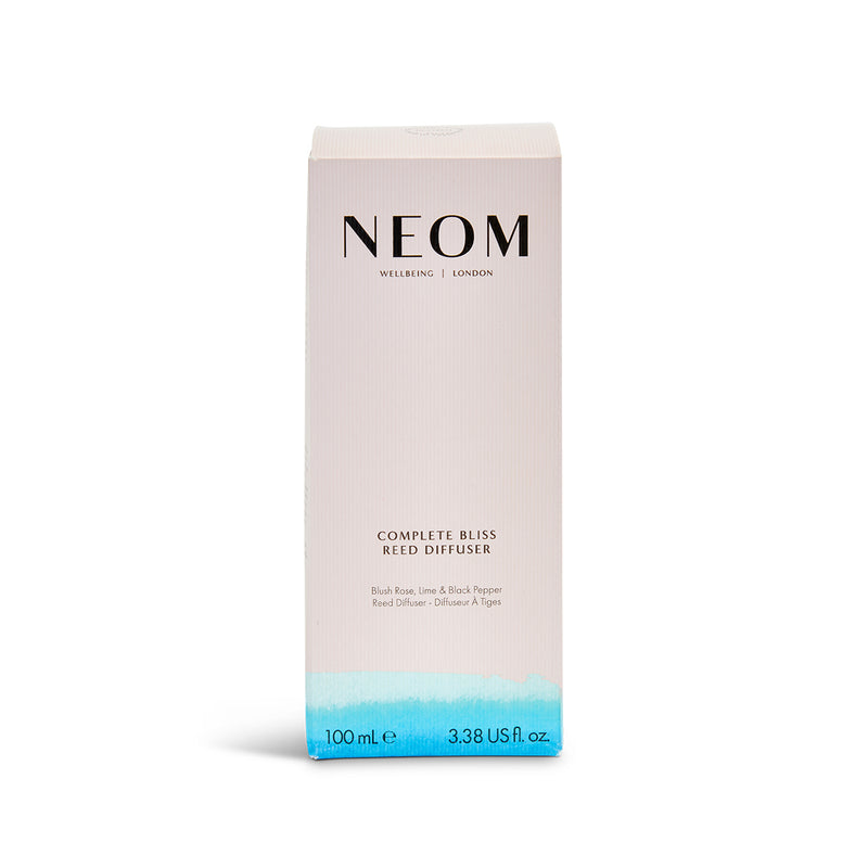 NEOM Complete Bliss Reed Diffuser packaging on a white background