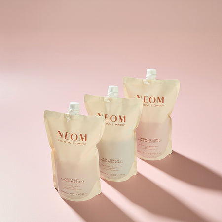 NEOM hand wash refill pouches with natural fragrances for sustainable home and body care