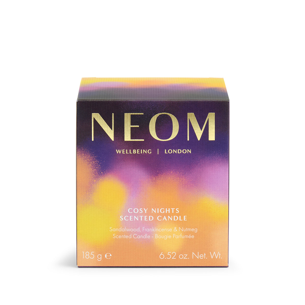 NEOM Cosy Nights scented candle box on a white background