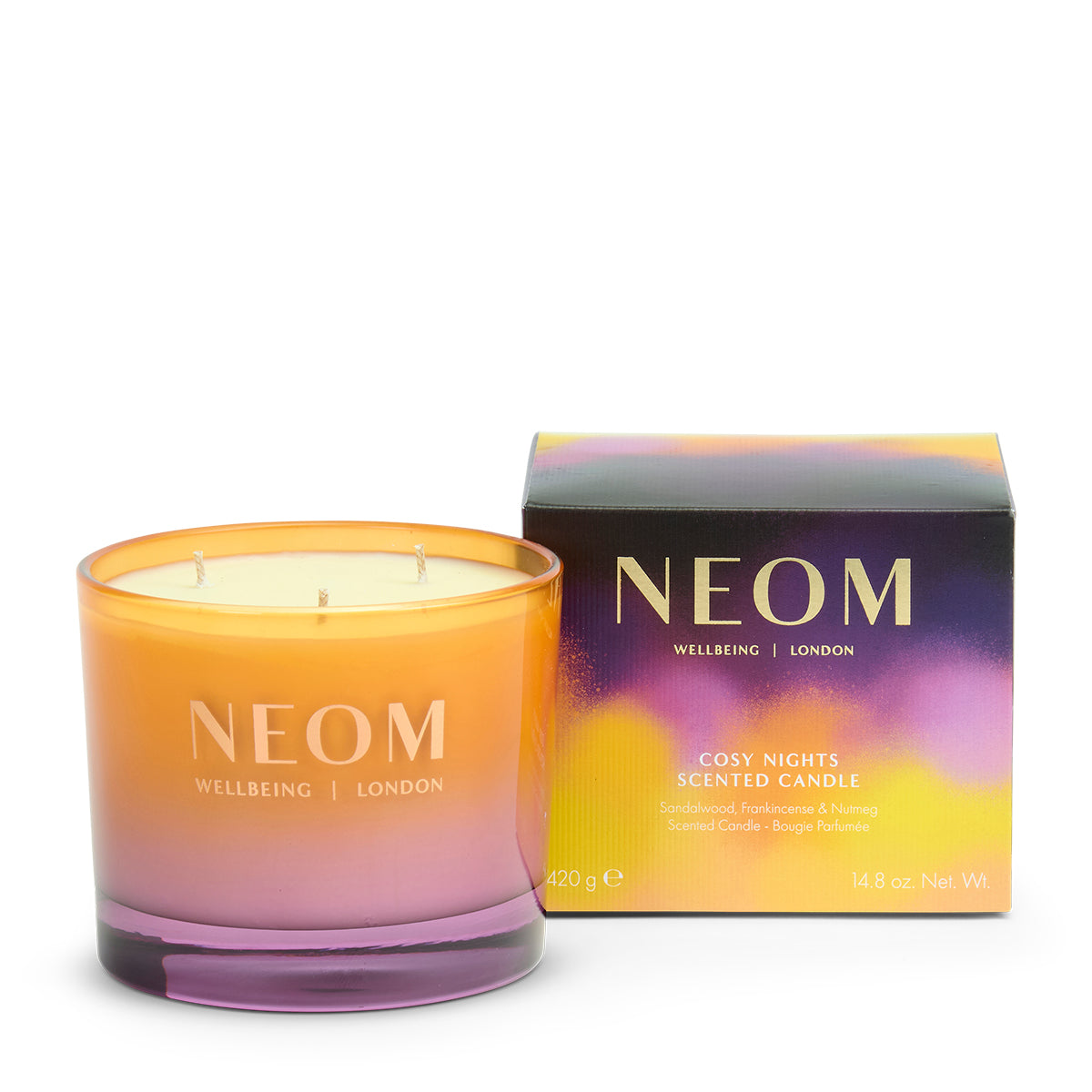 Neom scented candle with packaging on a white background