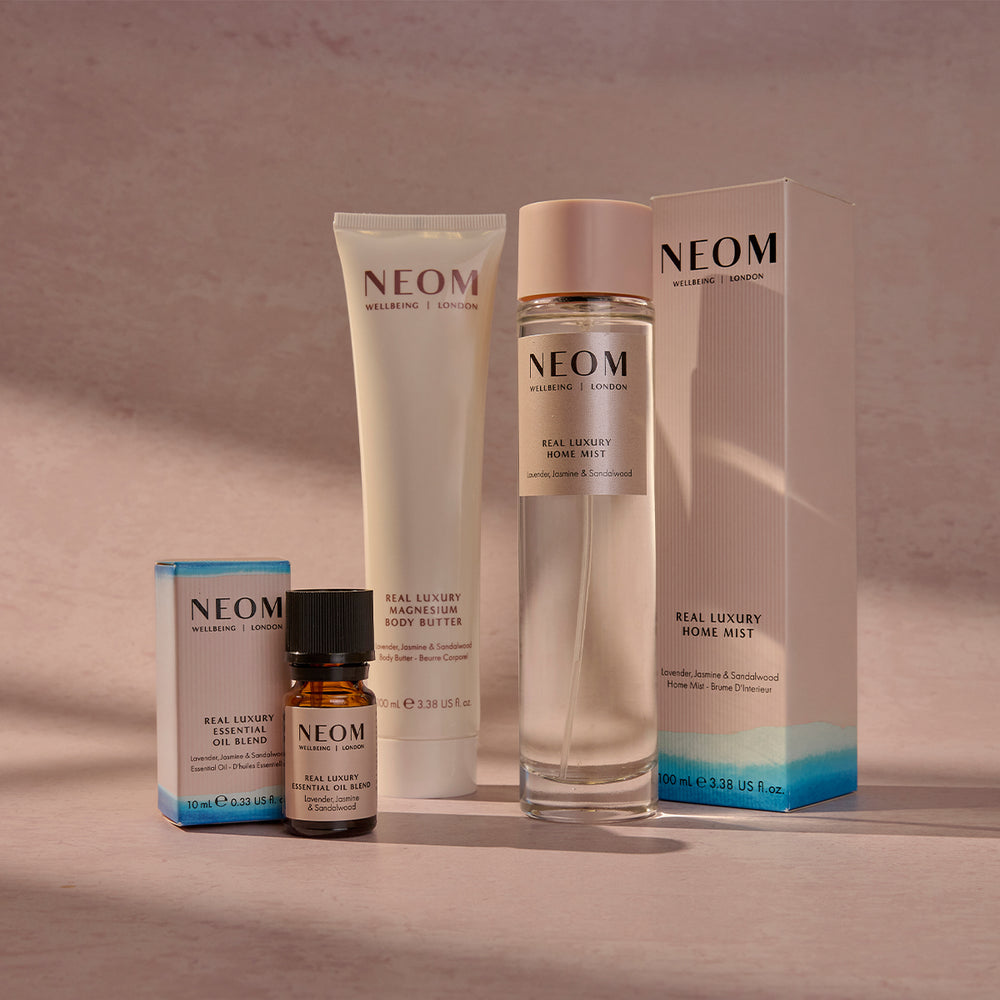 NEOM Real Luxury essential oil blend, magnesium body butter and home mist