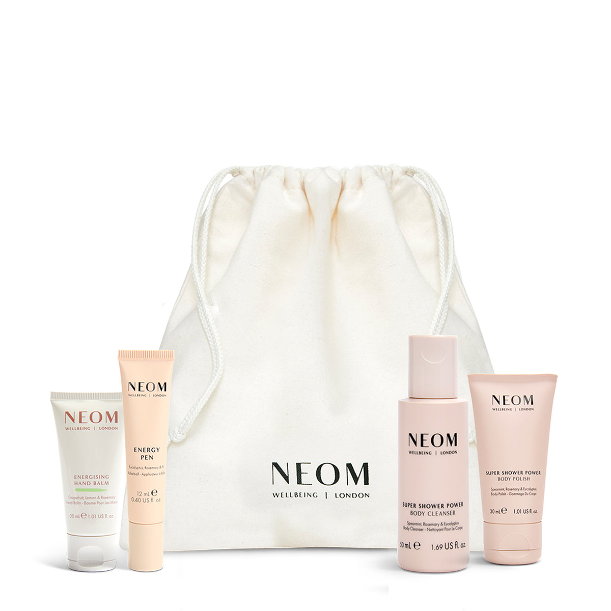 NEOM skincare products including a drawstring bag on a white background
