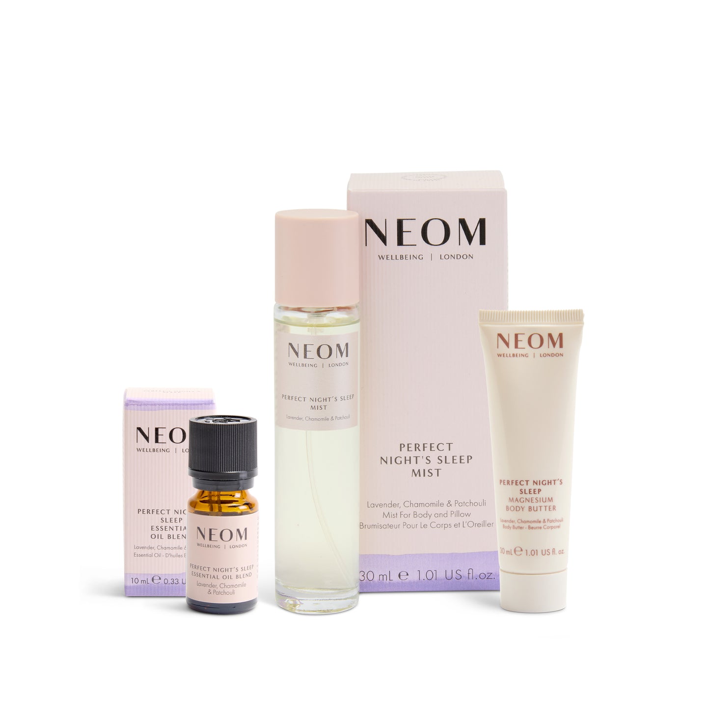 NEOM Perfect Night's Sleep Essential Oil Blend, Sleep Mist and Magnesium Body Butter on a white background