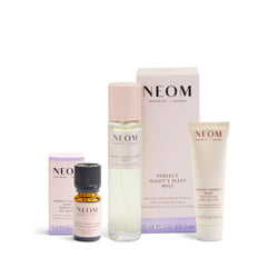 NEOM Perfect Night's Sleep Essential Oil Blend, Sleep Mist and Magnesium Body Butter on a white background