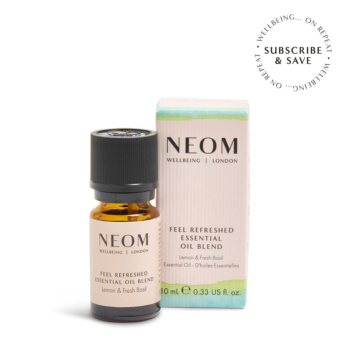 NEOM Feel Refreshed essential oil blend on a white background with subscription roundel