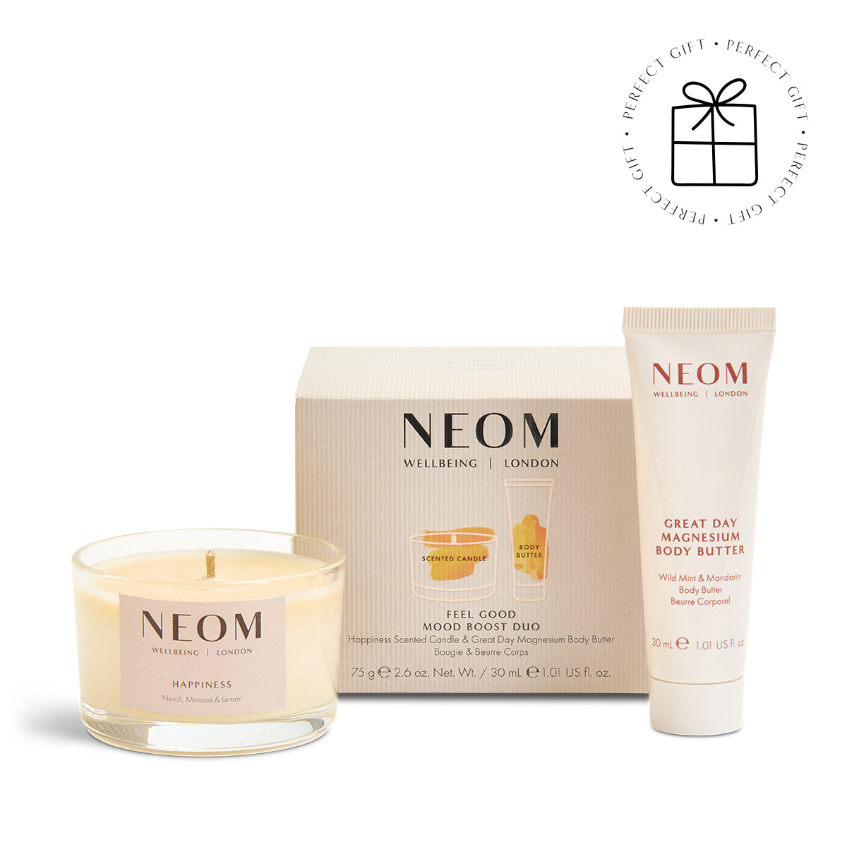 NEOM candle and body butter set on a white background with a Perfect Gift roundel with a present