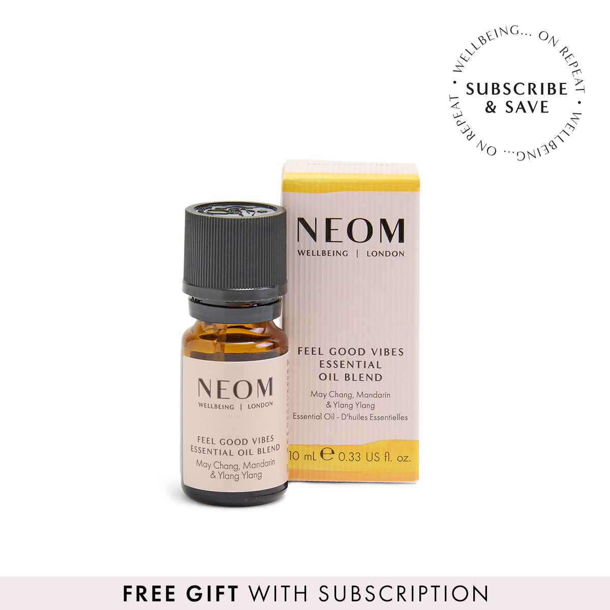 NEOM Feel Good Vibes Essential Oil Blend with a 'subscribe and save' roundel and 'free gift with subscription banner