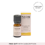NEOM Feel Good Vibes Essential Oil Blend with a 'subscribe and save' roundel and 'free gift with subscription banner