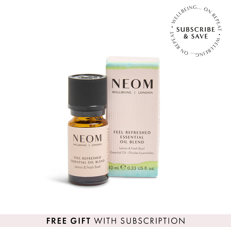 NEOM Feel Refreshed Essential Oil Blend with a 'subscribe and save' roundel and 'free gift with subscription banner