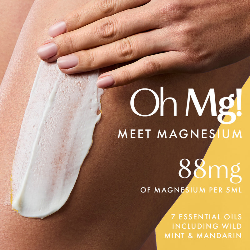 Magnesium body butter being applied to skin, hydrating skincare with 88mg magnesium and essential oils