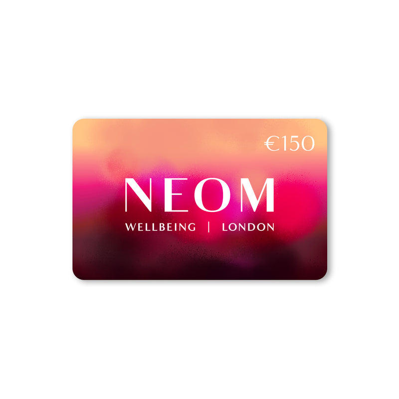 NEOM gift card with a colourful gradient background on a white background
