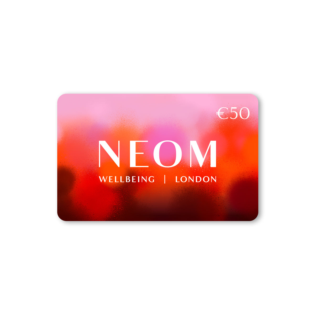 NEOM gift card with colourful design on a white background