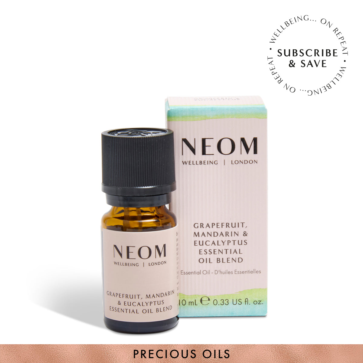 NEOM Grapefruit, mandarin and eucalyptus essential oil blend on a white background with subscription roundel