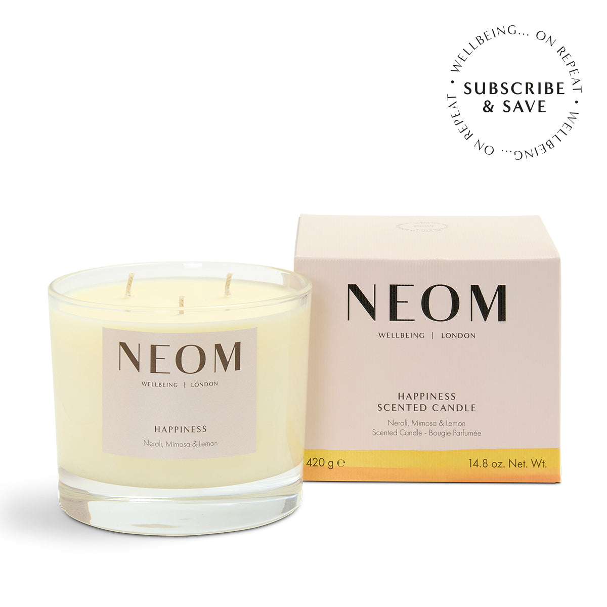 NEOM Happiness 3 Wick Candle on a white background with subscription roundel