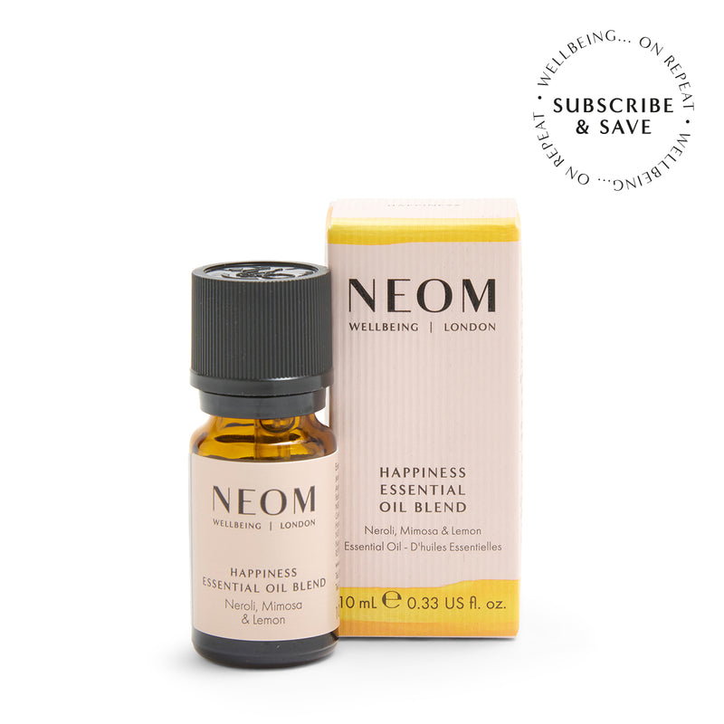 NEOM Happiness Essential Oil Blend on a white background with subscription roundel