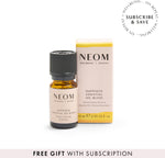 NEOM Happiness Essential Oil Blend with a 'subscribe and save' roundel and 'free gift with subscription banner