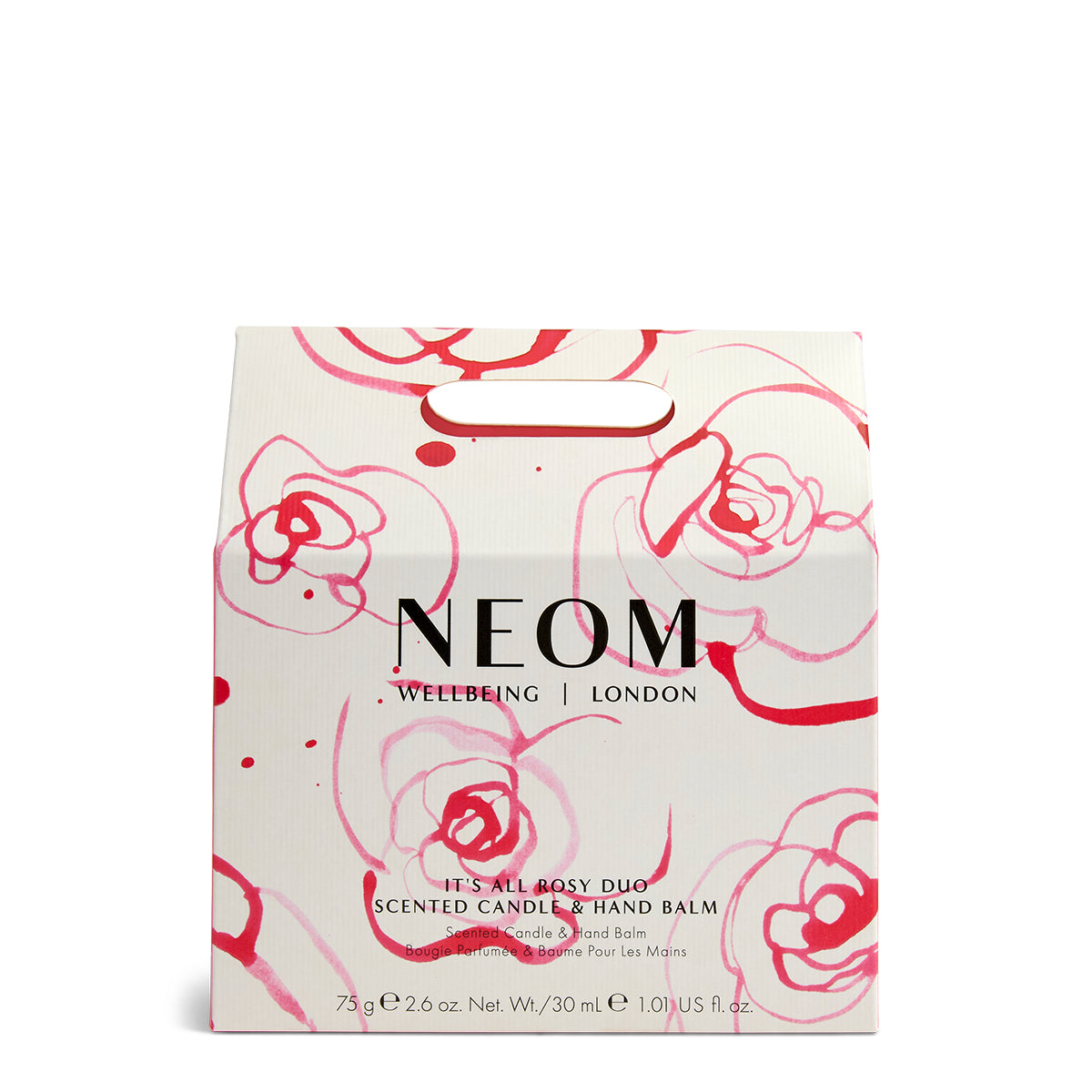 NEOM product packaging with floral design on a white background