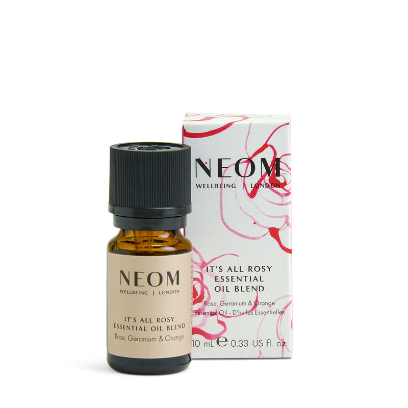 NEOM essential oil blend bottle and packaging on a white background