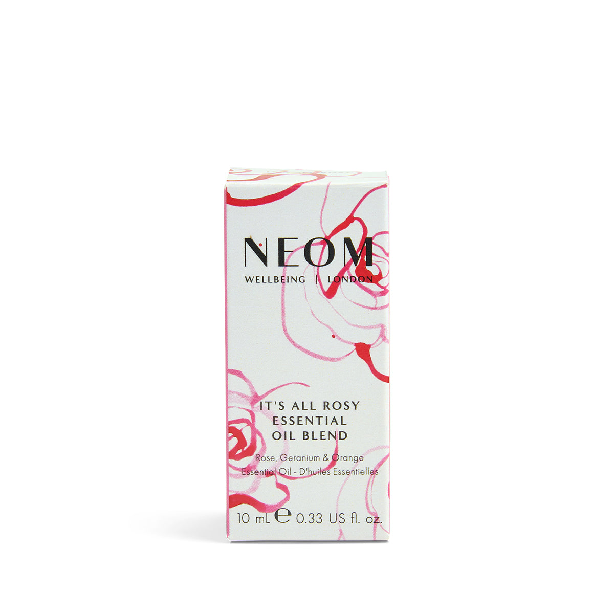 NEOM essential oil blend packaging with floral design on a white background