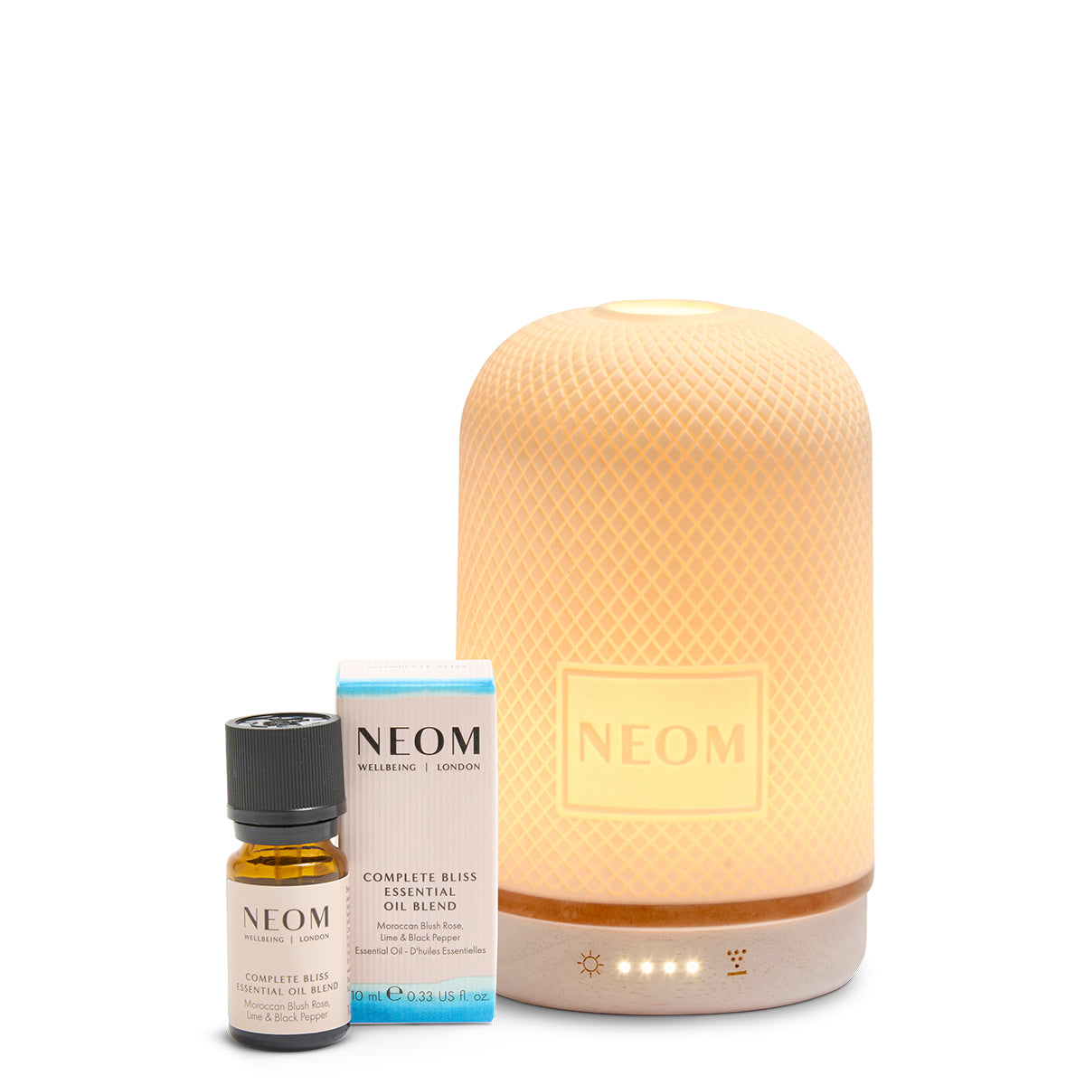 NEOM Wellbeing Complete Bliss Essential Oil Blend 10ml with the electric Wellbeing Pod diffuser