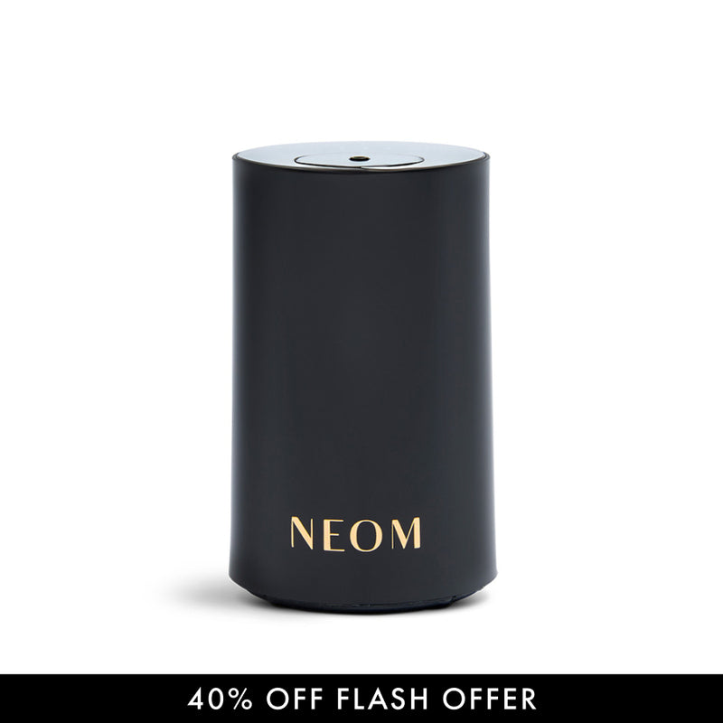 Black NEOM Pod Mini Diffuser on a white background with a 40% off flash offer at the bottom.