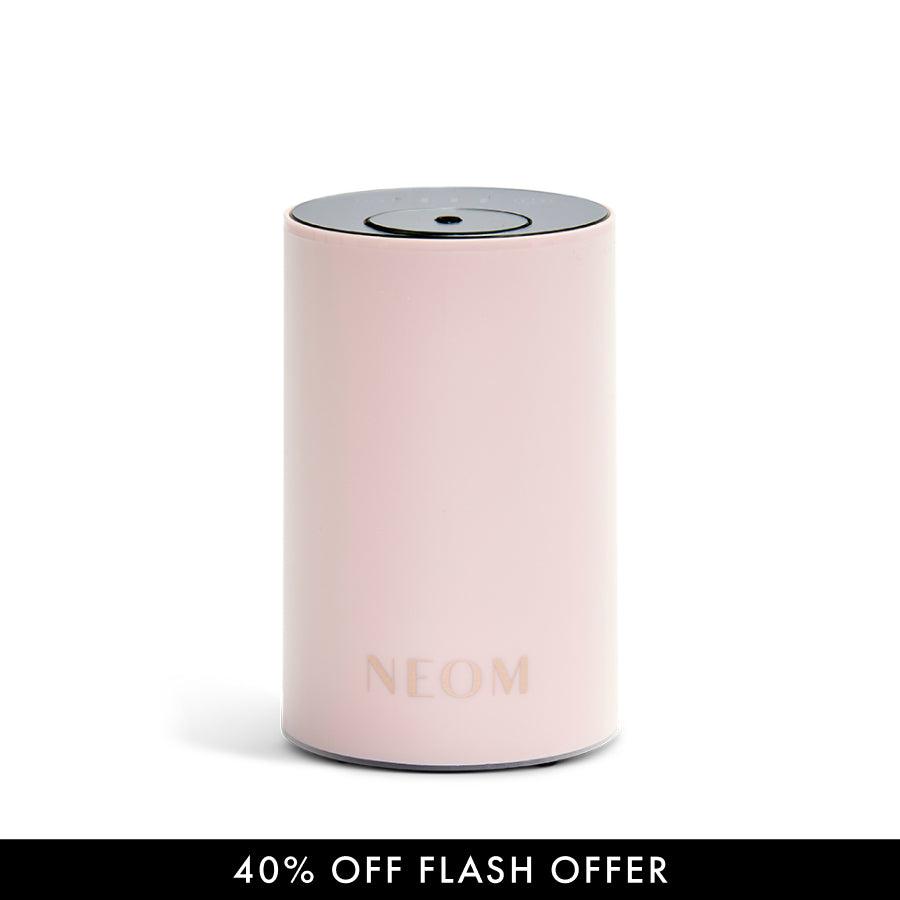 Pod Mini Diffuser 'NEOM' branding on a white background, featuring a 40% off flash offer.