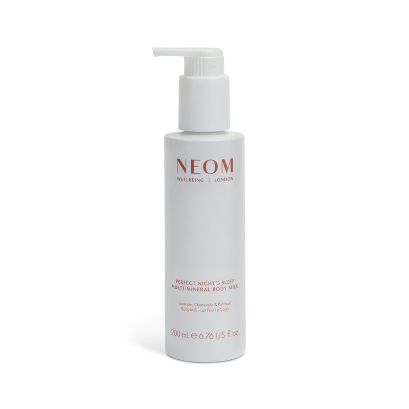 NEOM body milk bottle on a white background