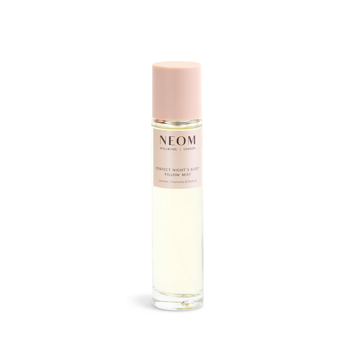 NEOM pillow mist with pink cap on a white background