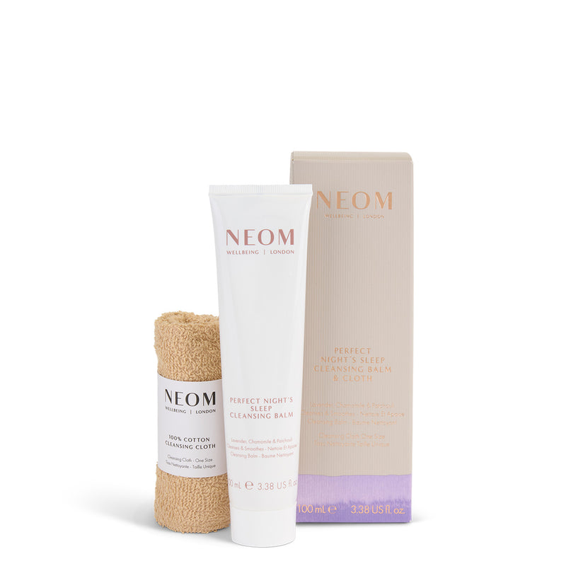 NEOM skincare products including a balm, cloth, and box on a white background