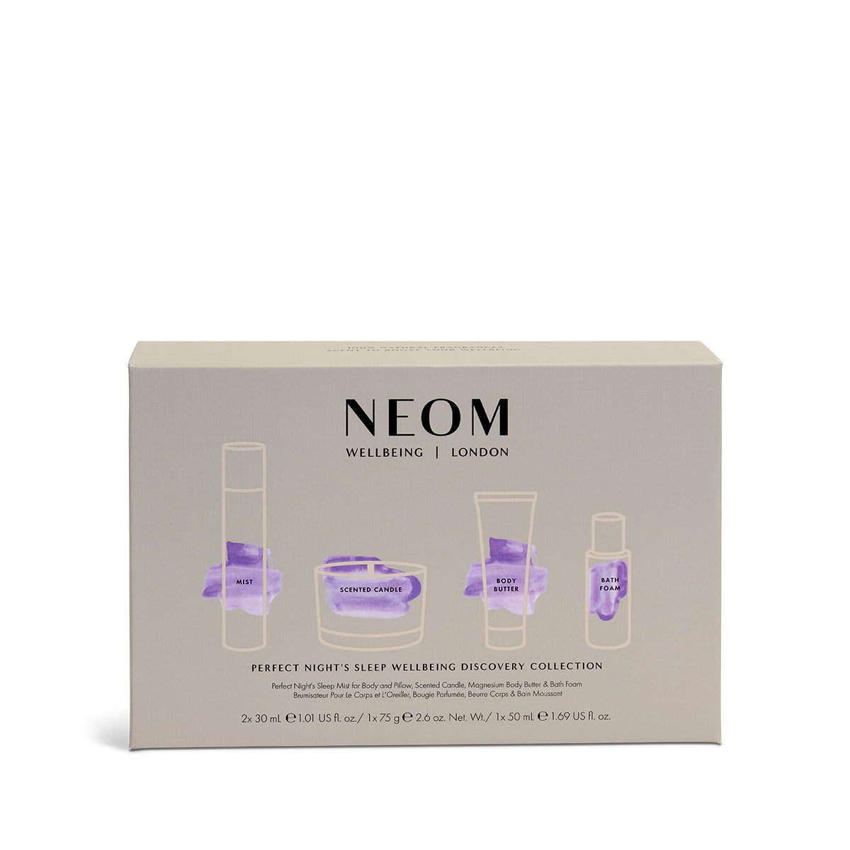 NEOM sleep wellbeing collection packaging on a white background