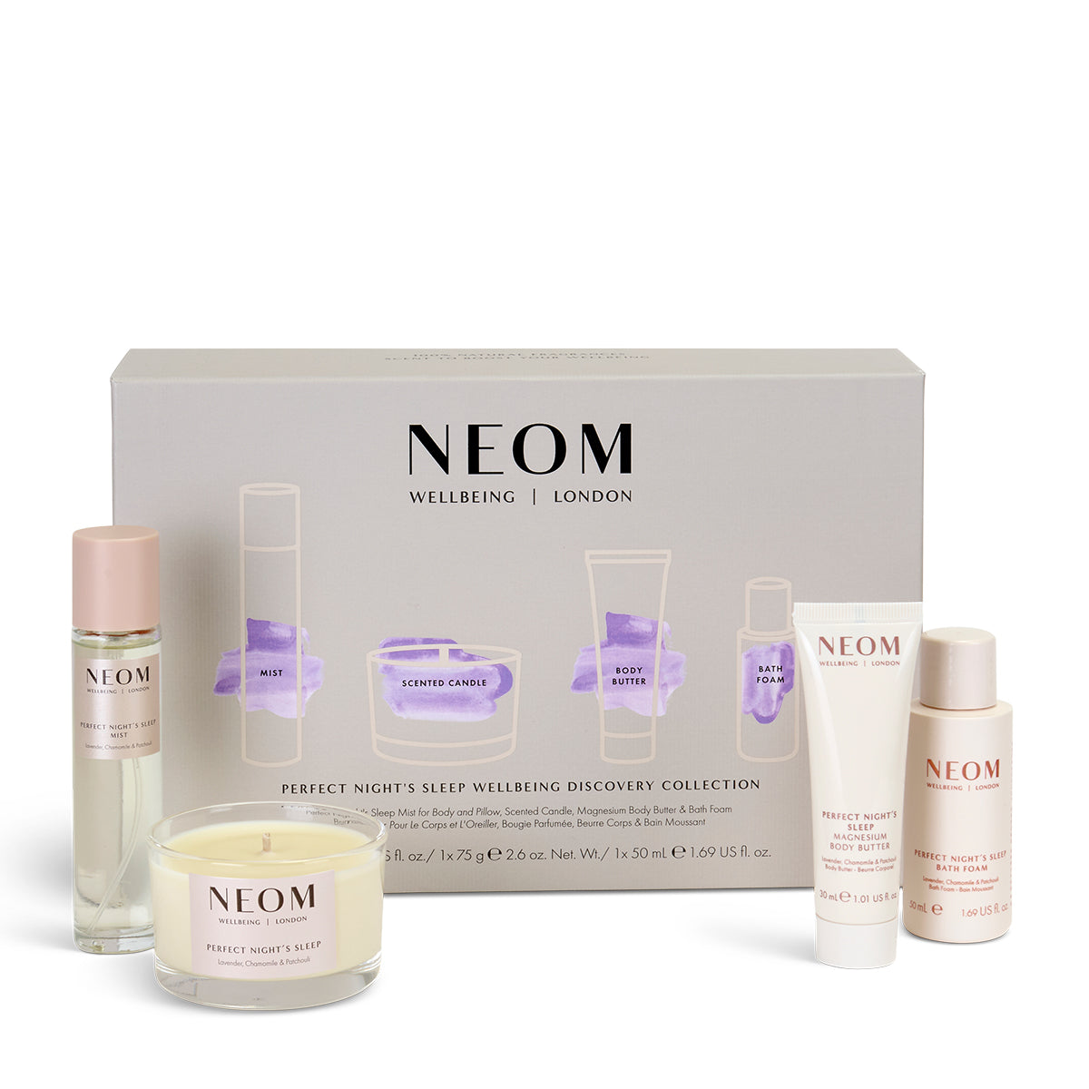 NEOM sleep wellbeing collection with various products on a white 
