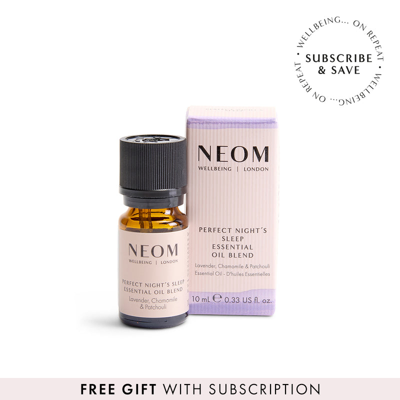 NEOM Perfect Night's Sleep Essential Oil Blend with a 'subscribe and save' roundel and 'free gift with subscription banner