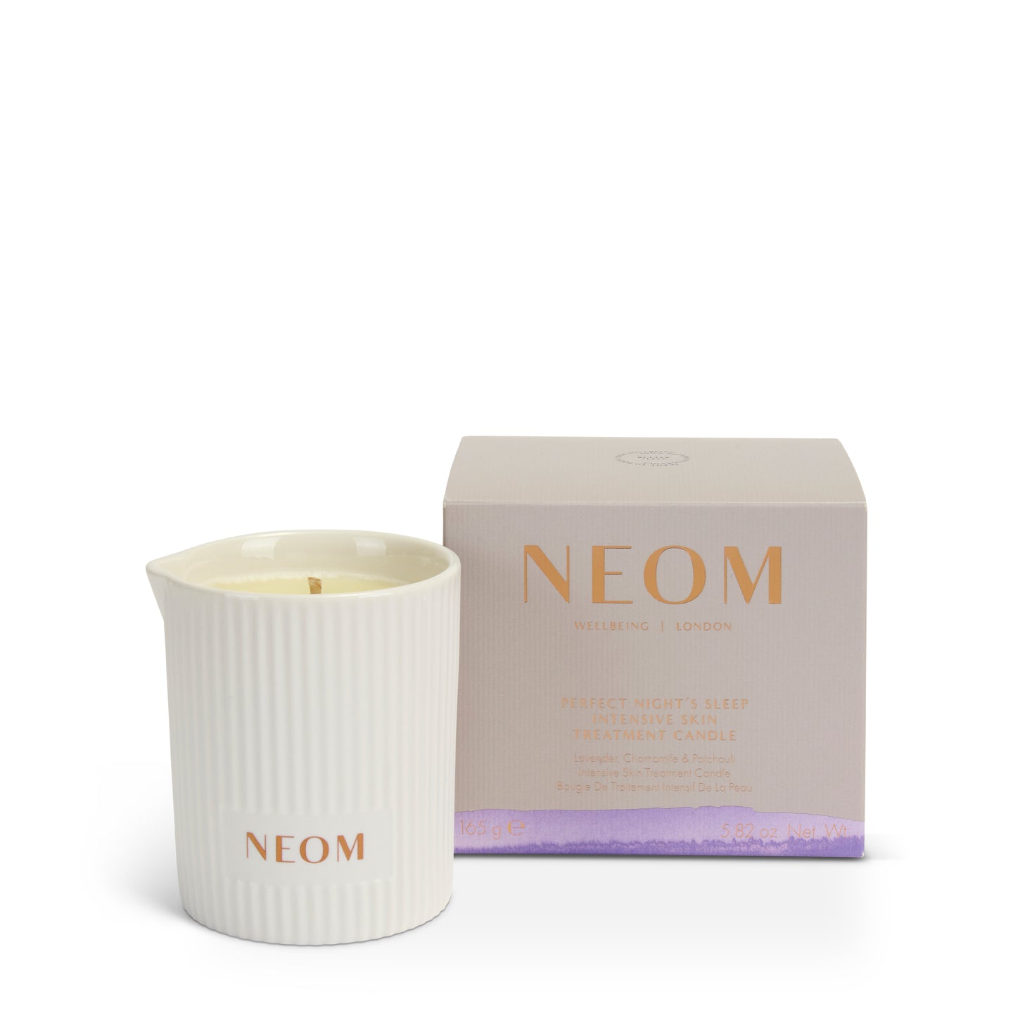 NEOM candle and packaging on a white background