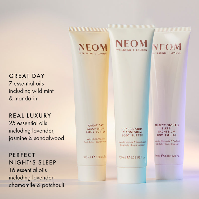 NEOM magnesium body butter trio set, Great Day, Real Luxury and Perfect Night’s Sleep skincare range